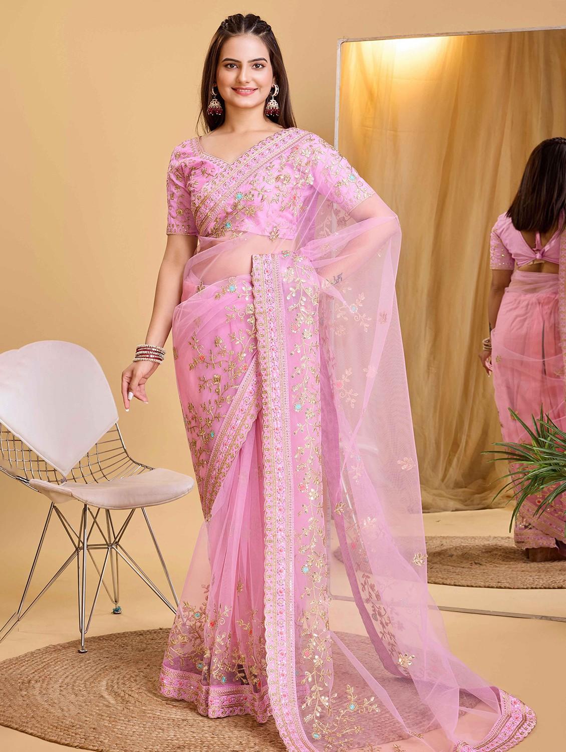 women solid with work embroidered saree with blouse - 22047960 - Zoom Image - 0
