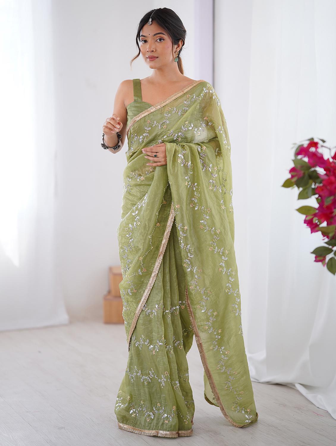 women solid with work embellished saree with blouse - 22047994 - Zoom Image - 0
