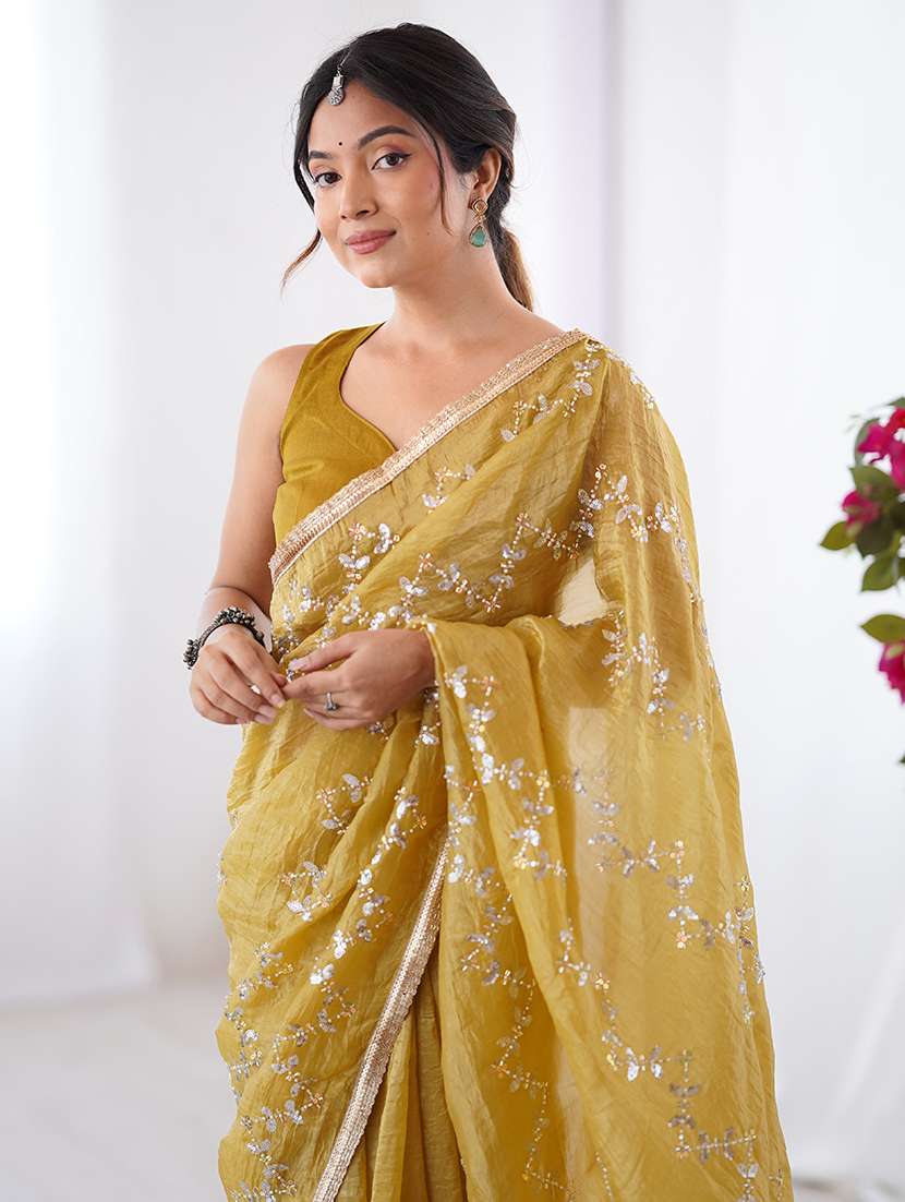 women solid with work embellished saree with blouse - 22047995 - Standard Image - 3