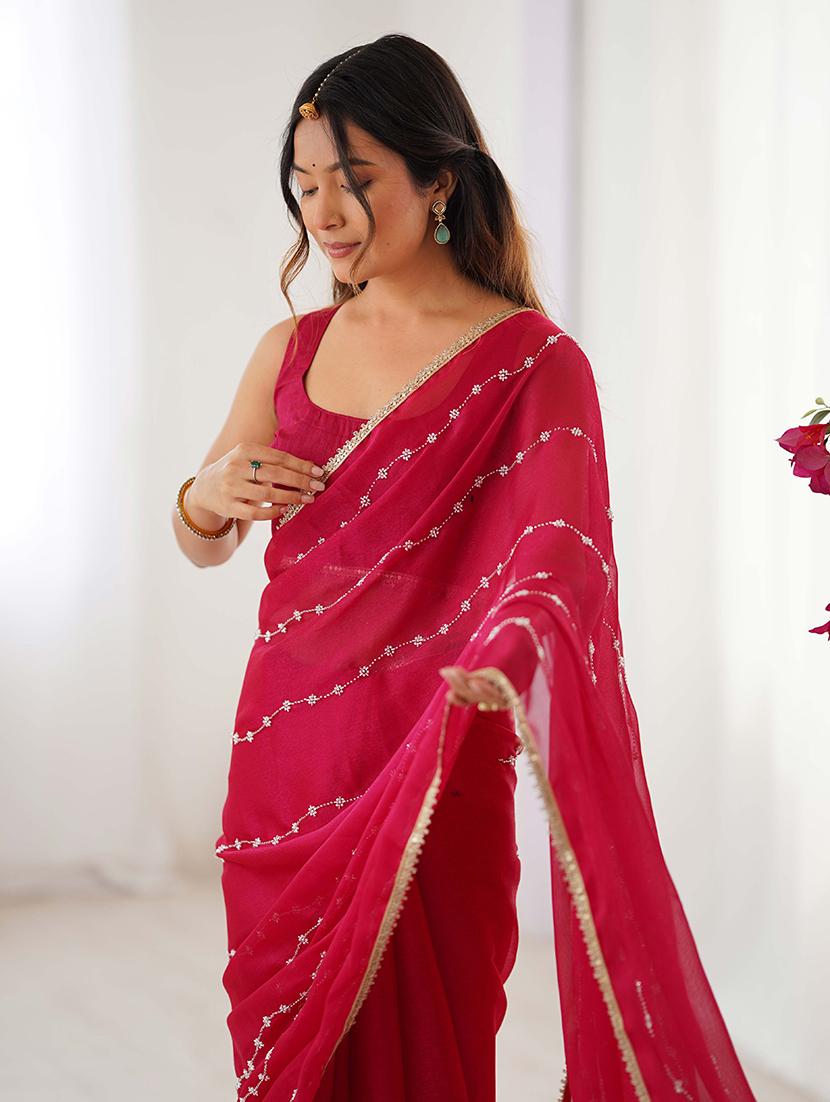women solid with work embellished saree with blouse - 22048002 - Standard Image - 3