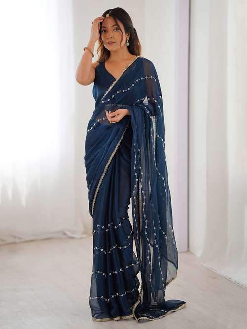 women solid with work embellished saree with blouse - 22048004 - Standard Image - 0