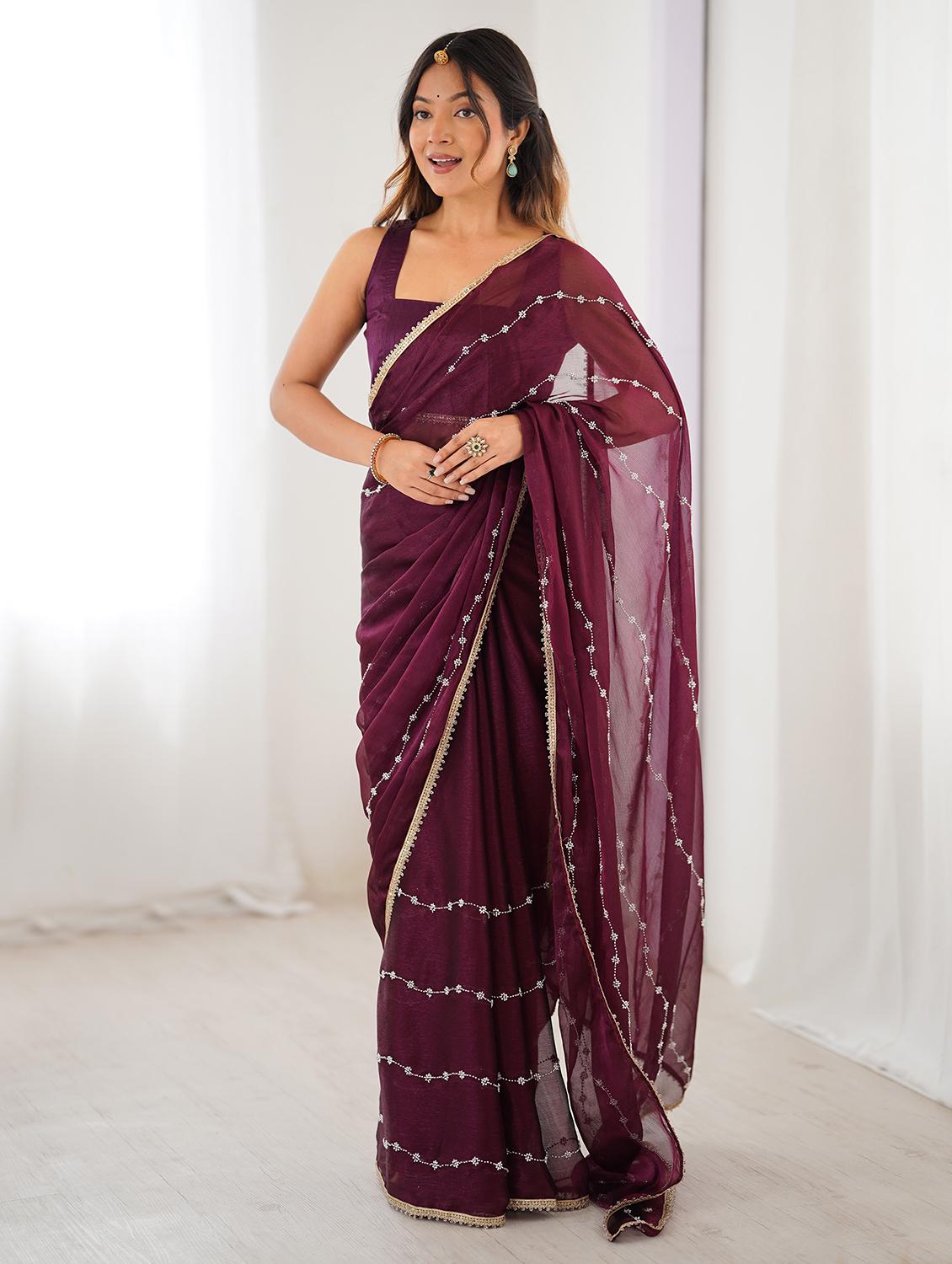 women solid with work embellished saree with blouse - 22048006 - Zoom Image - 0