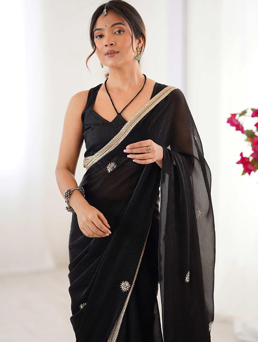 women solid with work embellished saree with blouse - 22048008 - Standard Image - 3