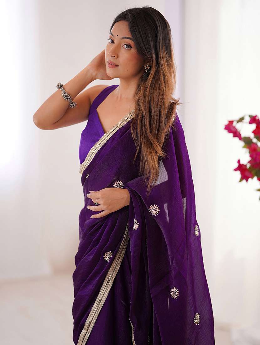 Women Solid With Work Embellished Saree With Blouse - 22048009 -  Standard Image - 3