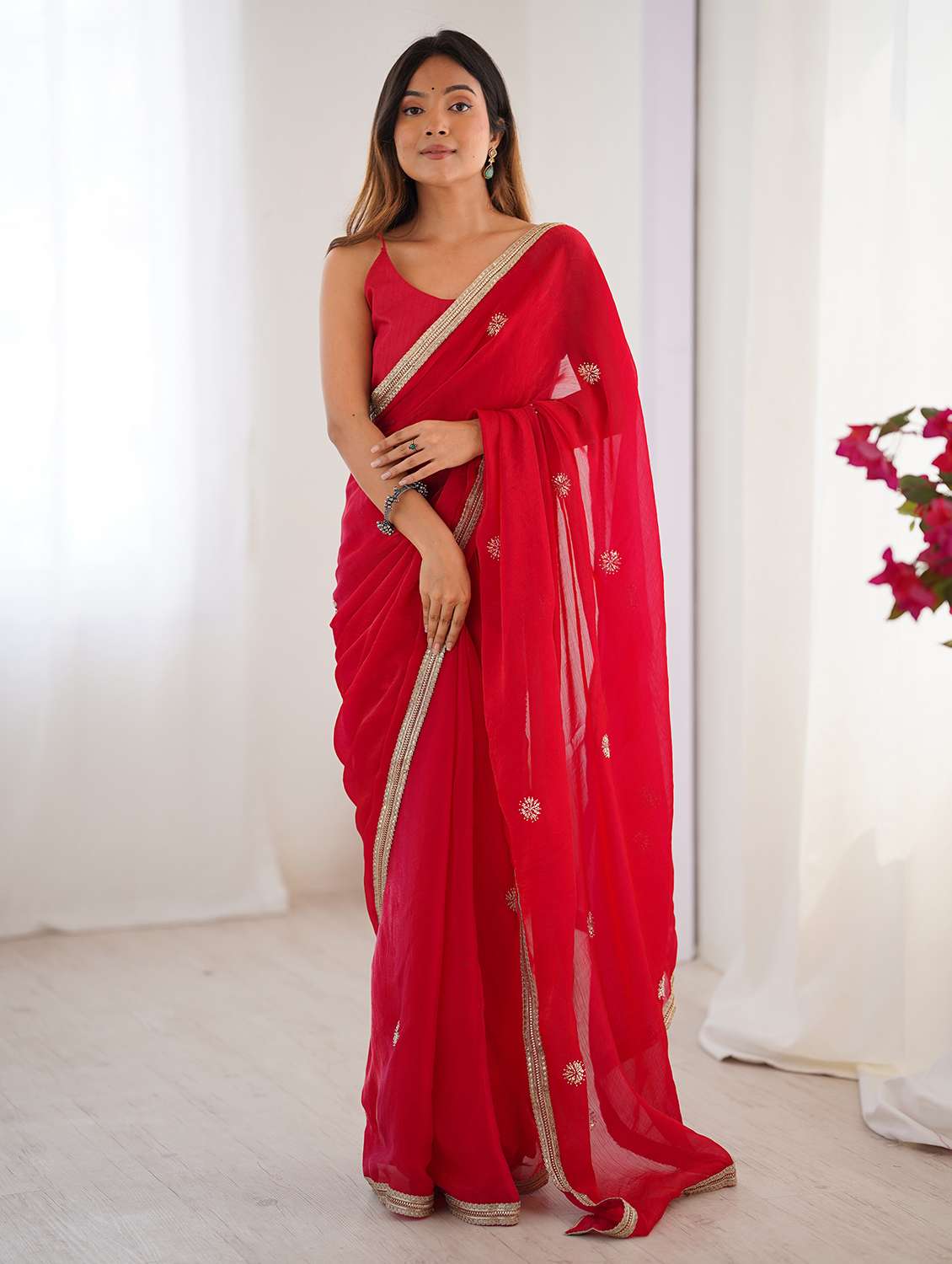 women solid with work embellished saree with blouse - 22048010 - Zoom Image - 0