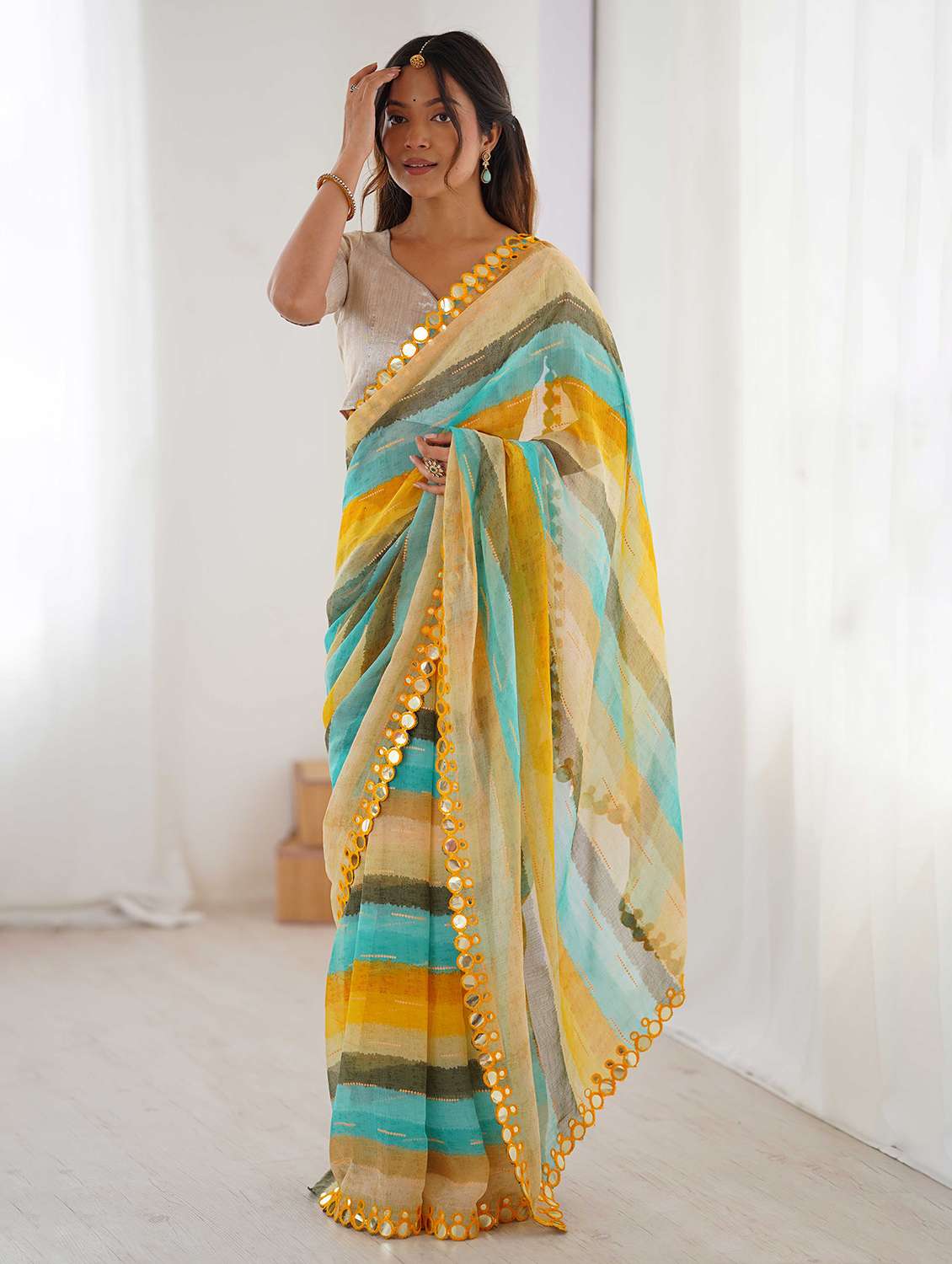 women striped printed saree with blouse