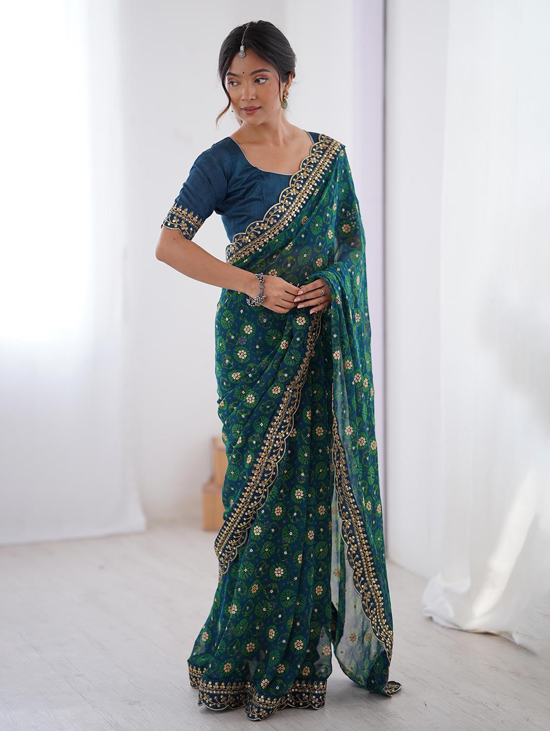 women bandhani printed bordered saree with blouse - 22048016 - Zoom Image - 0