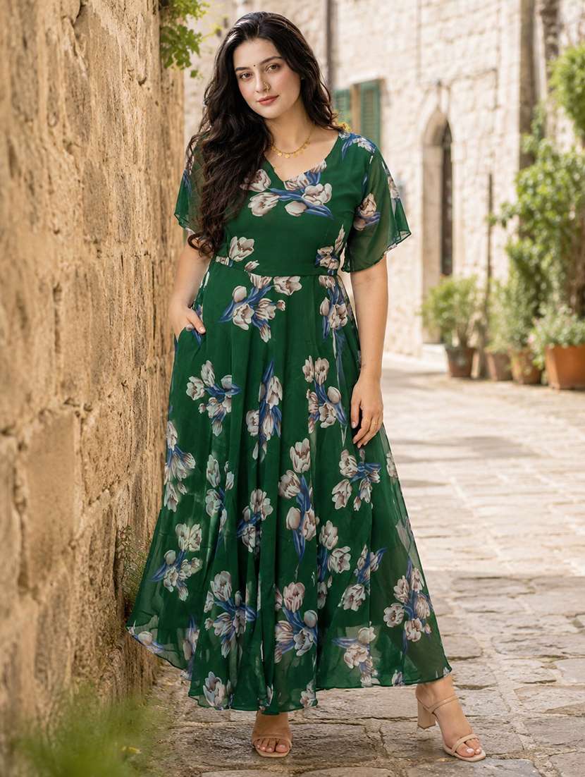 women floral print bell sleeve fit & flare dress