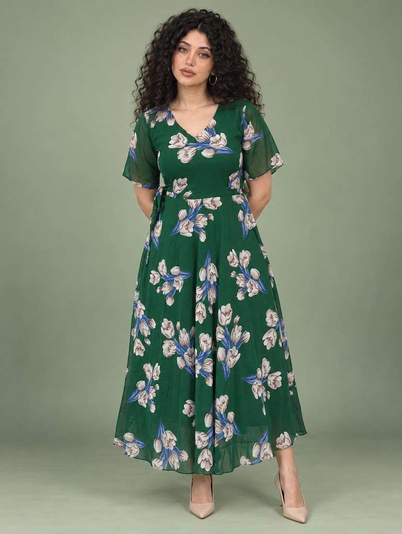 women floral print bell sleeve fit & flare dress