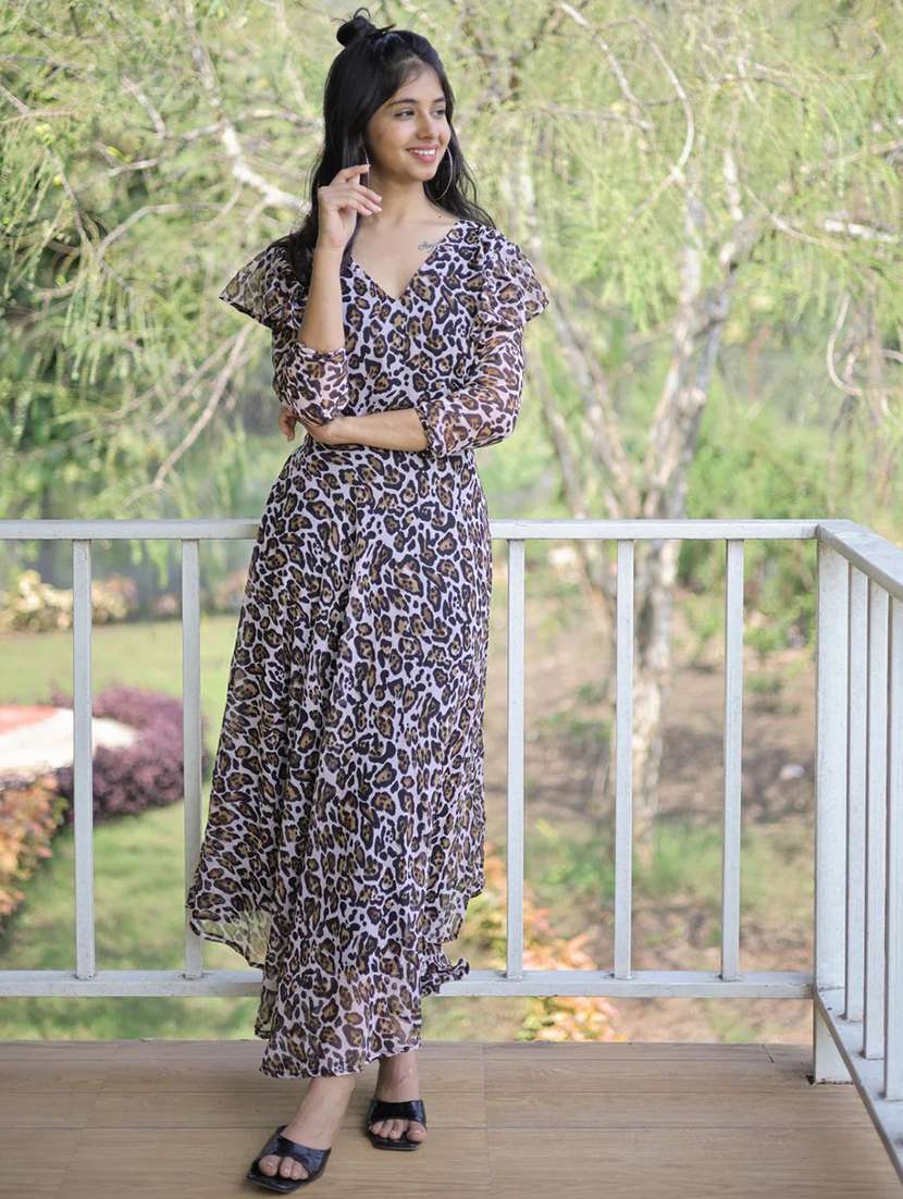 women animal print v-neck fit & flare dress