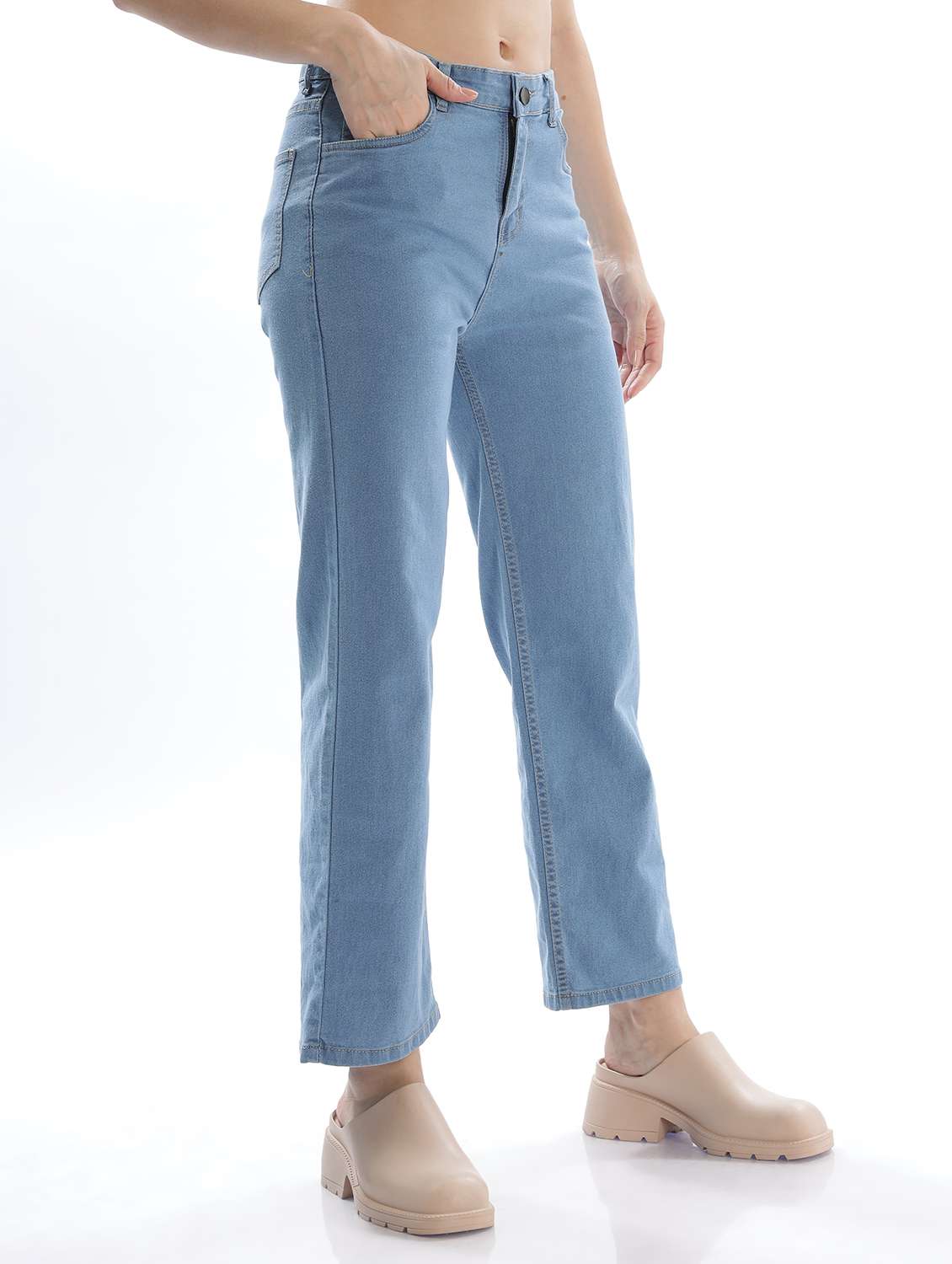 women solid mid rise straight fit jean - 22048061 - Standard Image - 3