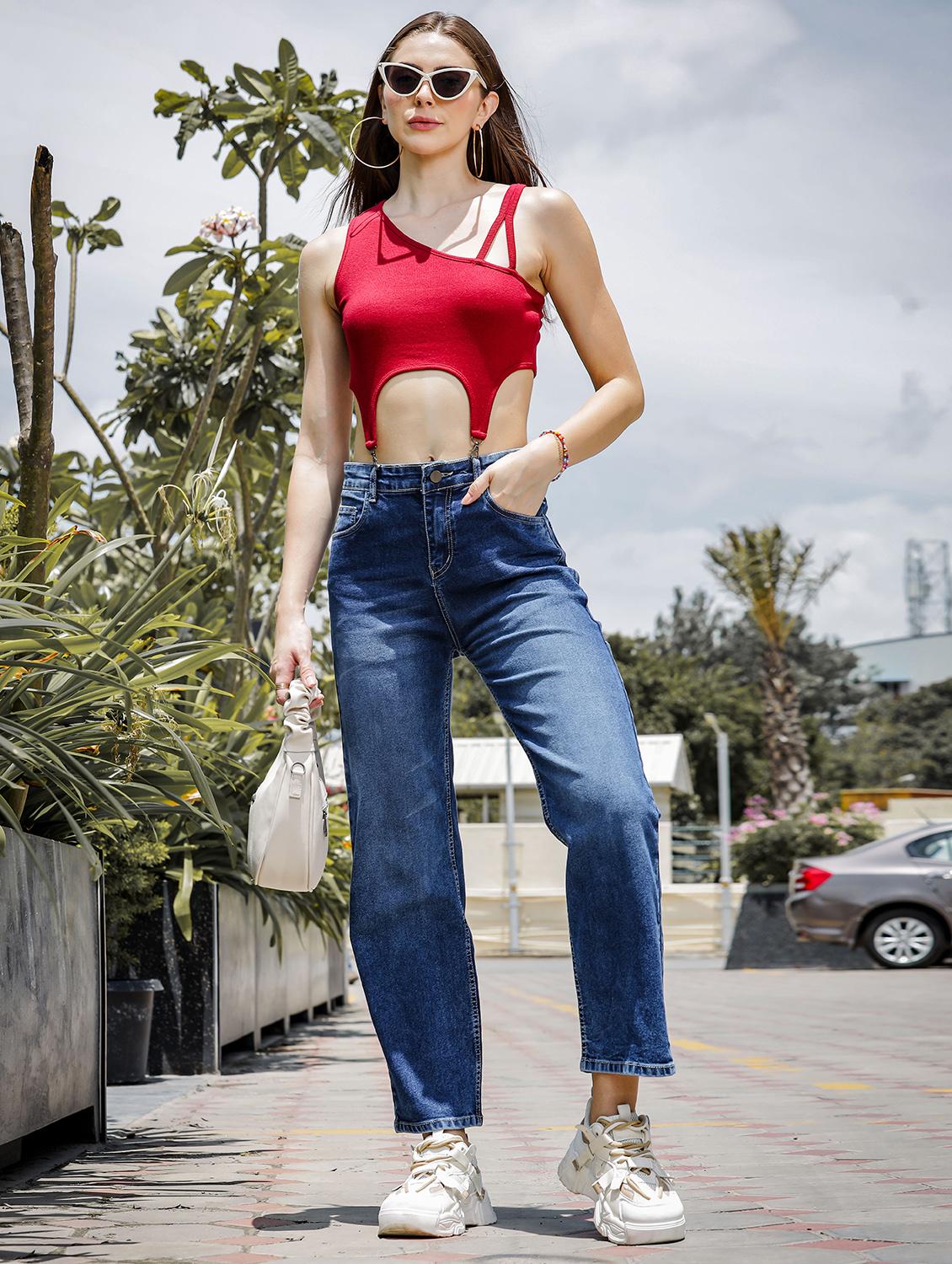 women solid high rise staright fit jeans - 22048063 - Standard Image - 5