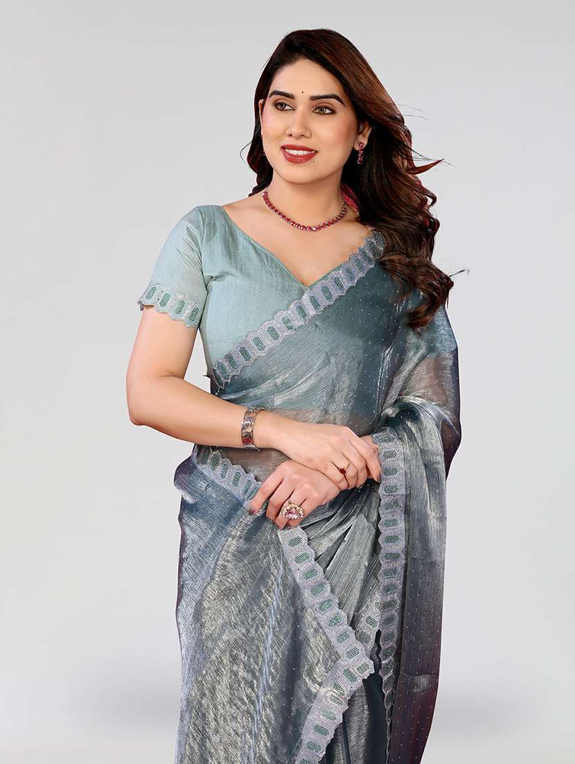 women solid with work embellished saree with blouse - 22048081 -  Standard Image - 3
