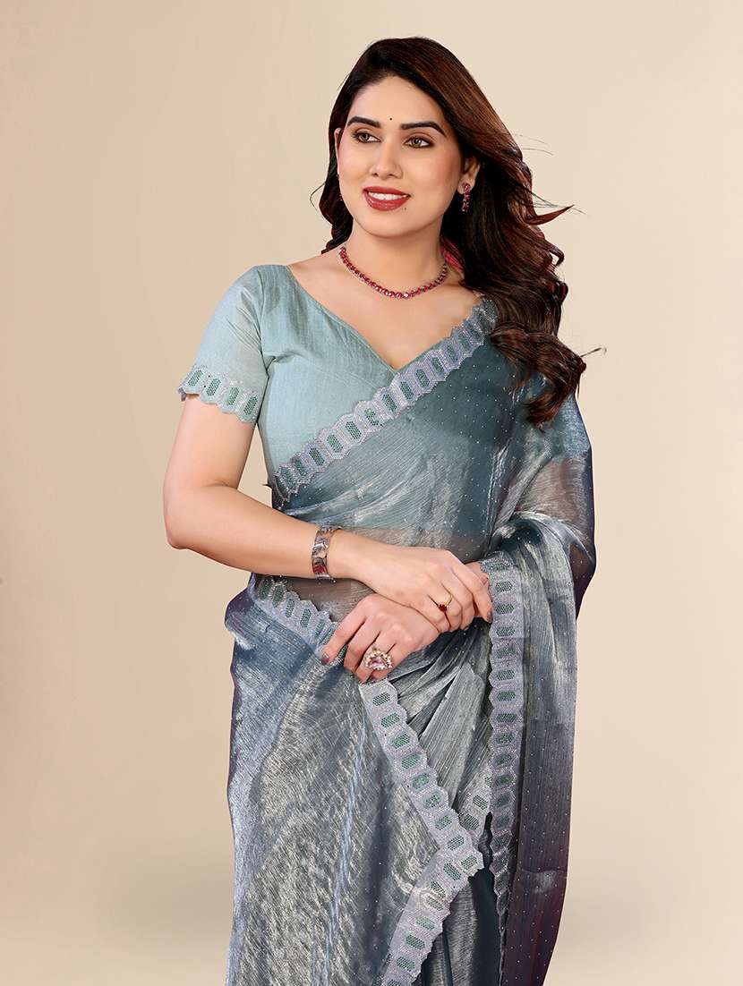 women solid with work embellished saree with blouse - 22048090 -  Standard Image - 3