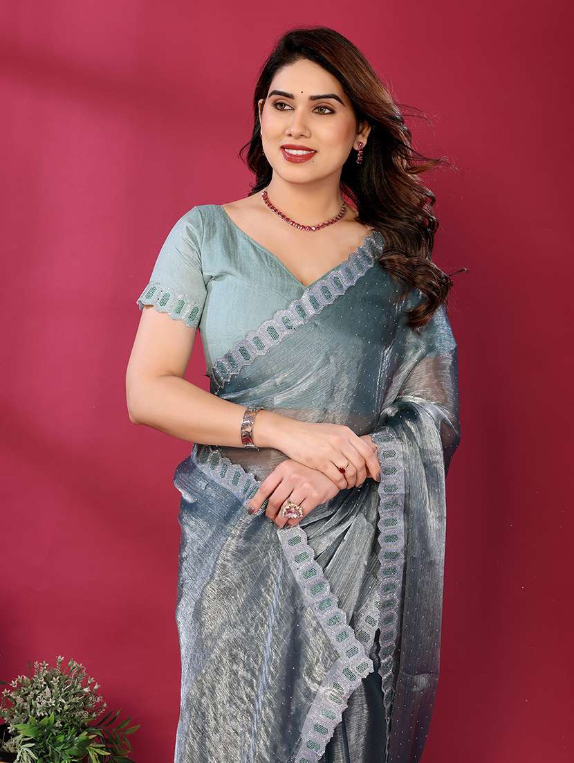 women solid with work embellished saree with blouse - 22048099 -  Standard Image - 3