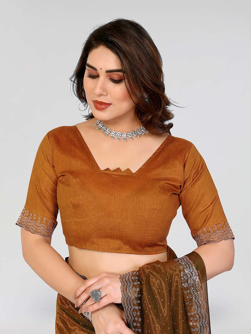 women solid with work embellished saree with blouse - 22048130 - Standard Image - 3