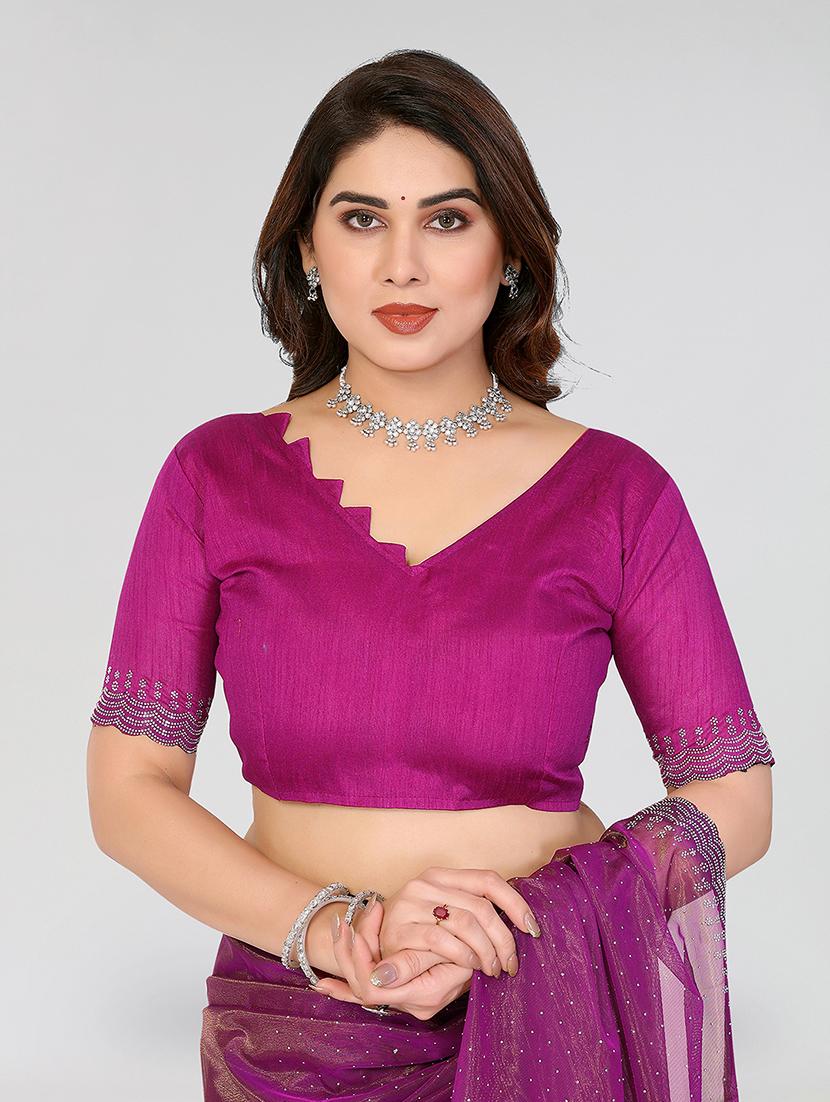 women solid with work embellished saree with blouse - 22048131 - Standard Image - 3