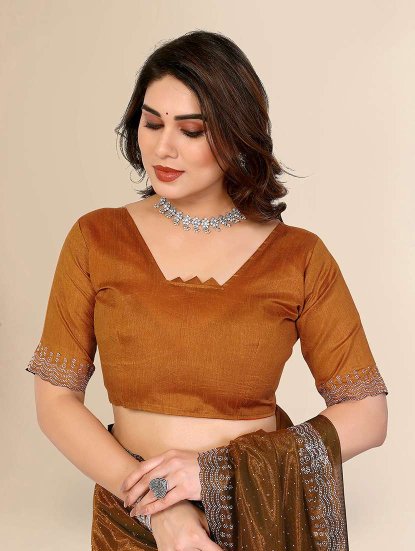 women solid with work embellished saree with blouse - 22048170 - Standard Image - 3