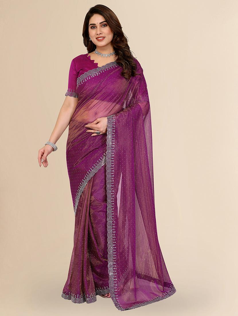 women solid with work embellished saree with blouse - 22048171 - Zoom Image - 0