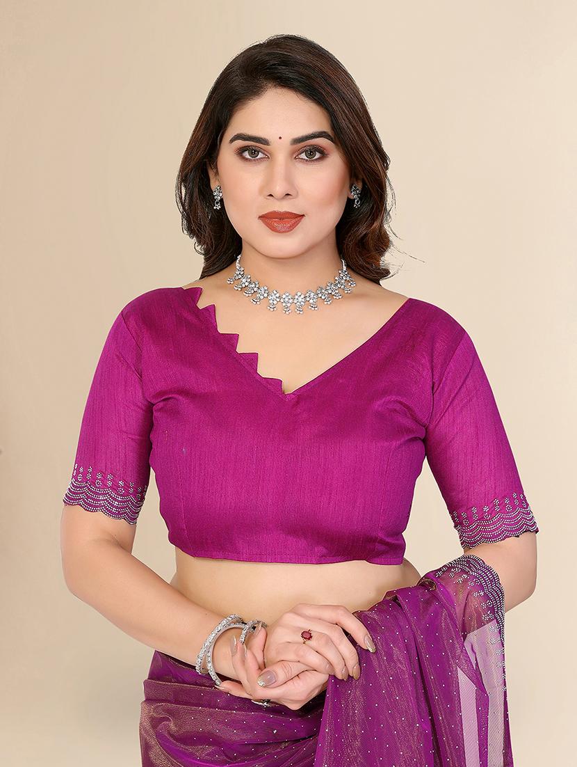 women solid with work embellished saree with blouse - 22048171 - Standard Image - 3