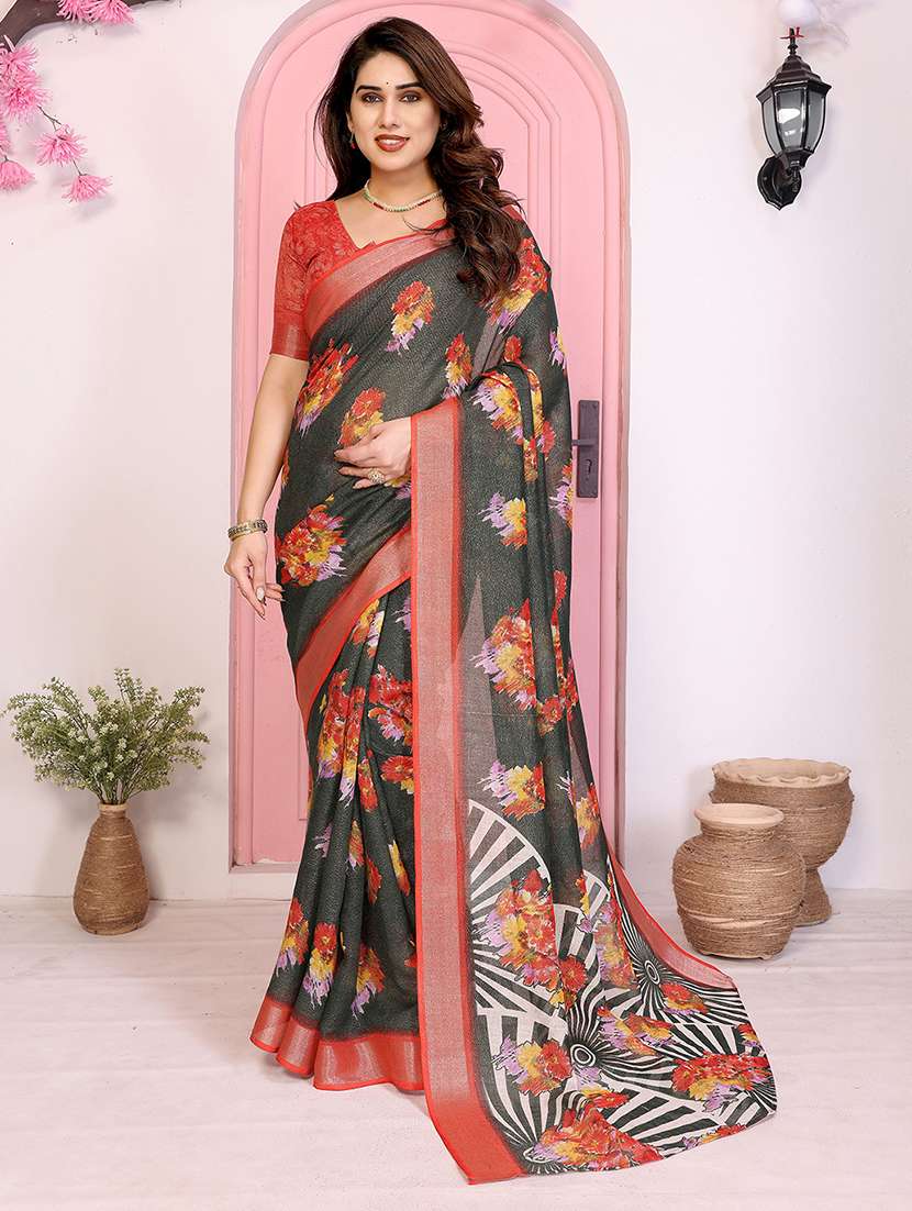 women floral printed saree with blouse