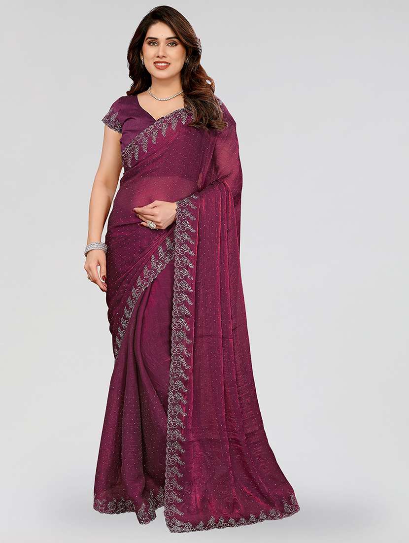 women solid with work embellished saree with blouse