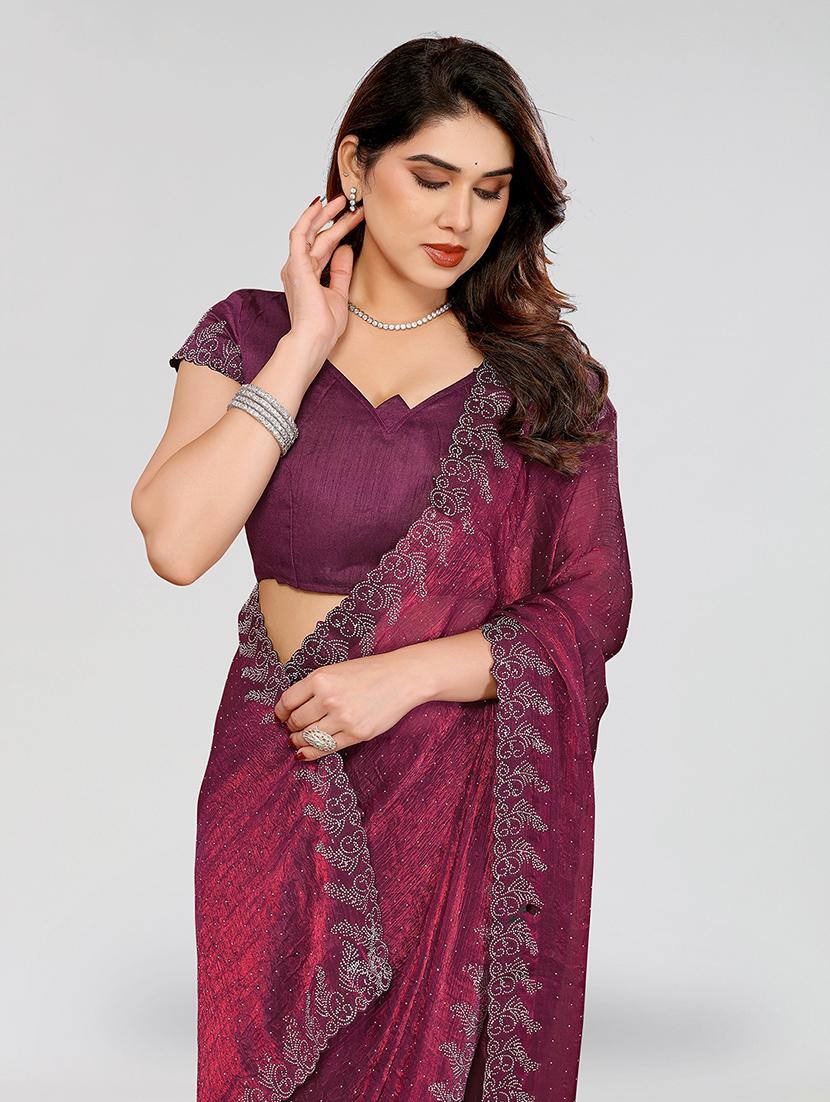 women solid with work embellished saree with blouse - 22048224 - Standard Image - 3