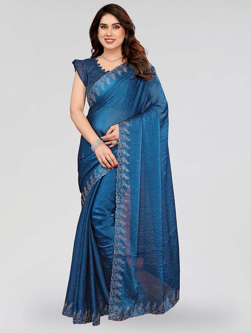 women solid with work embellished saree with blouse