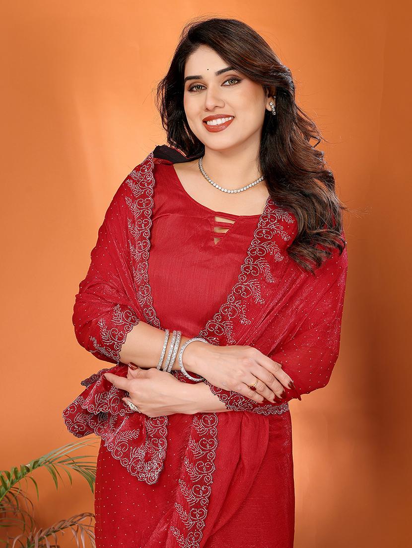 women solid with work embellished saree with blouse - 22048233 - Standard Image - 3