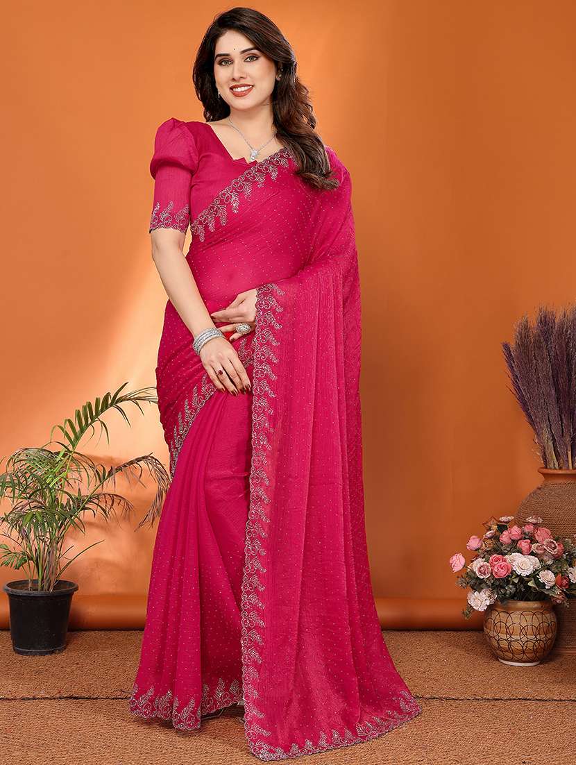 women solid with work embellished saree with blouse - 22048235 - Zoom Image - 0