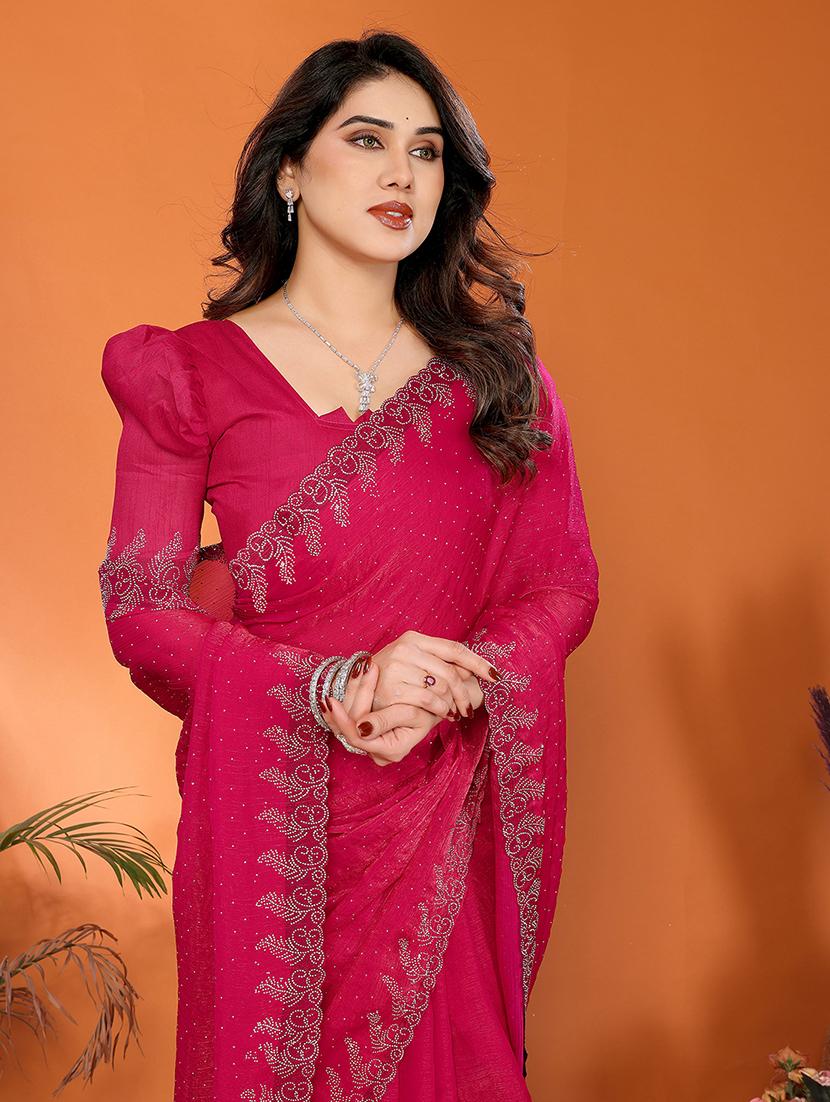 women solid with work embellished saree with blouse - 22048235 - Standard Image - 3