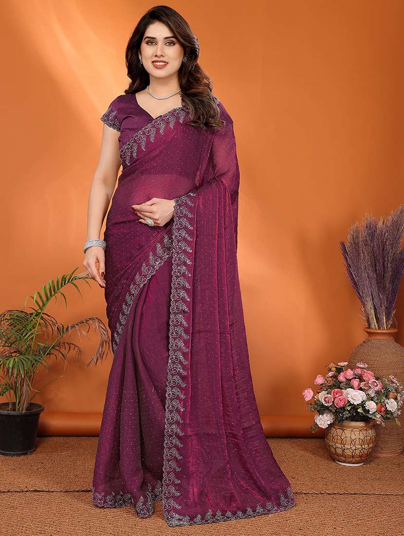 women solid with work embellished saree with blouse - 22048236 - Zoom Image - 0