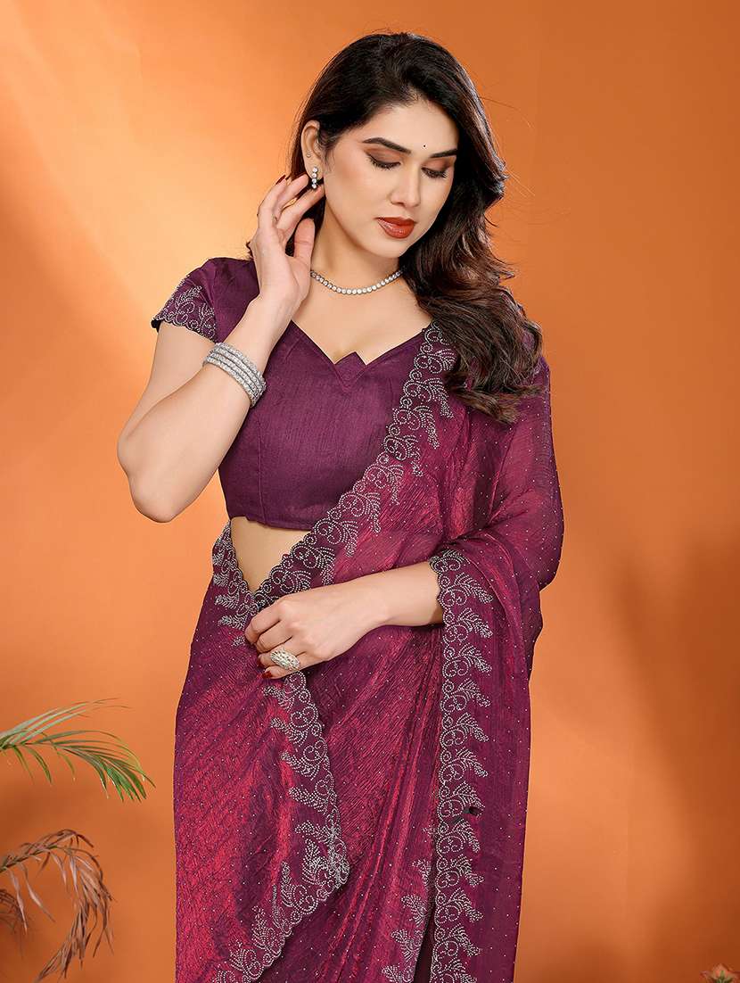women solid with work embellished saree with blouse - 22048236 - Standard Image - 3