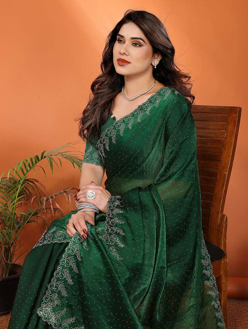 women solid with work embellished saree with blouse - 22048237 - Standard Image - 3