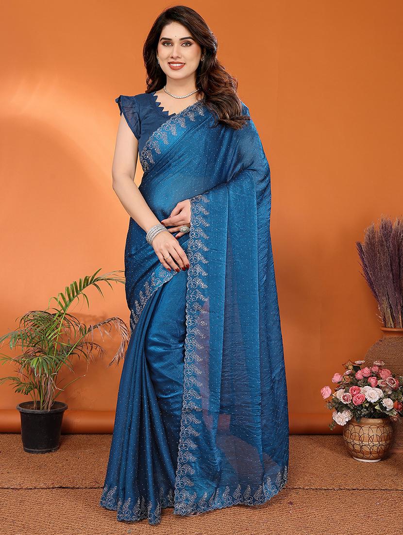 women solid with work embellished saree with blouse - 22048238 - Zoom Image - 0
