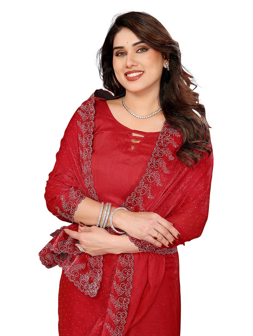 women solid with work embellished saree with blouse - 22048239 - Standard Image - 3