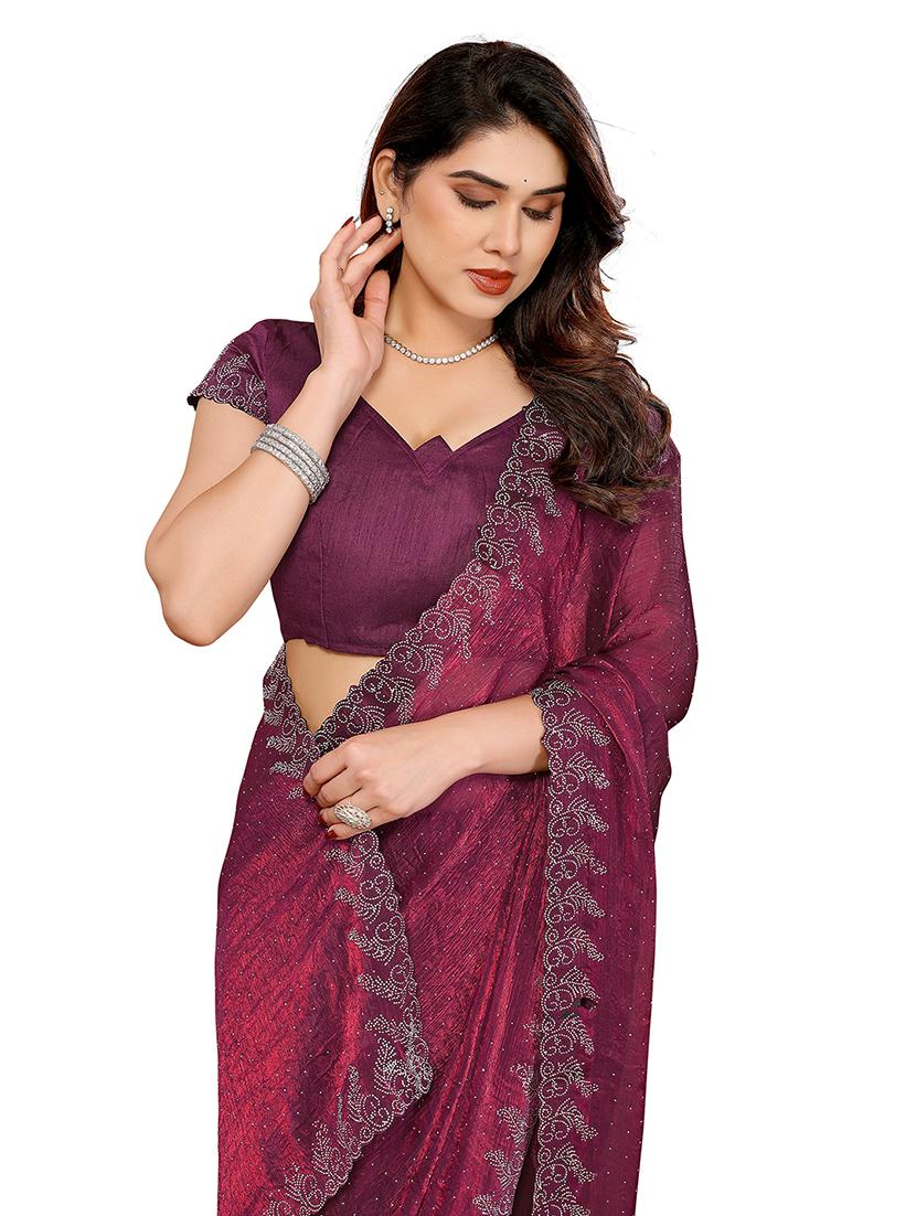 women solid with work embellished saree with blouse - 22048242 - Standard Image - 3