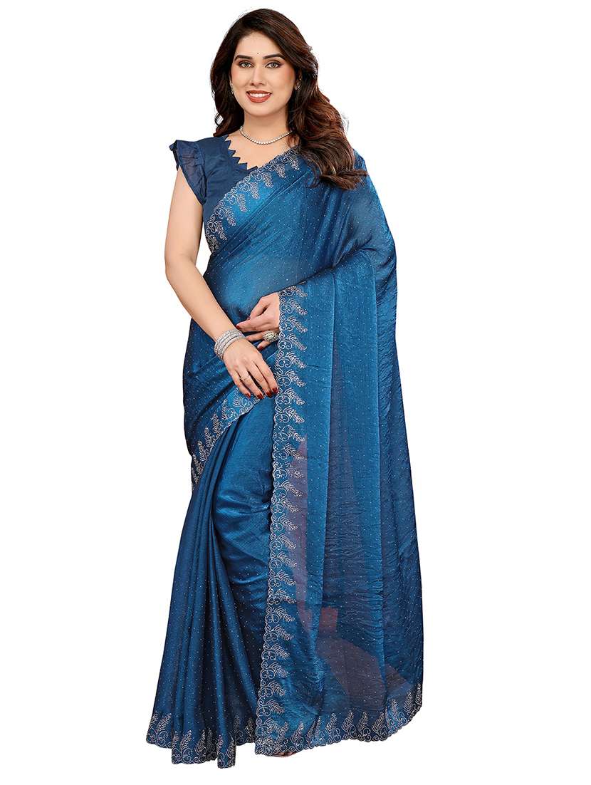 women solid with work embellished saree with blouse - 22048244 -  Zoom Image - 0