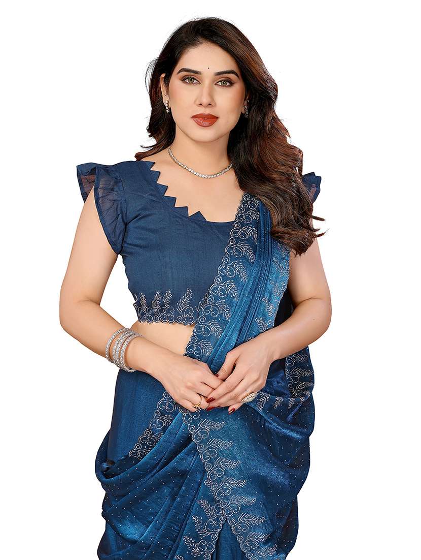 women solid with work embellished saree with blouse - 22048244 - Standard Image - 3