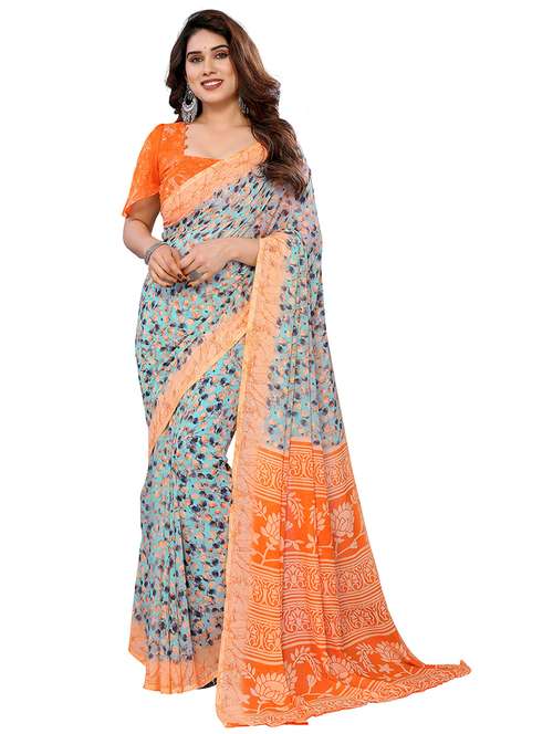 orange georgette printed saree with blouse - 22048363 - Standard Image - 0