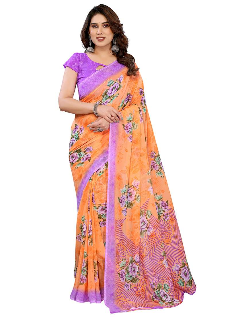 orange georgette printed saree with blouse - 22048394 - Zoom Image - 0