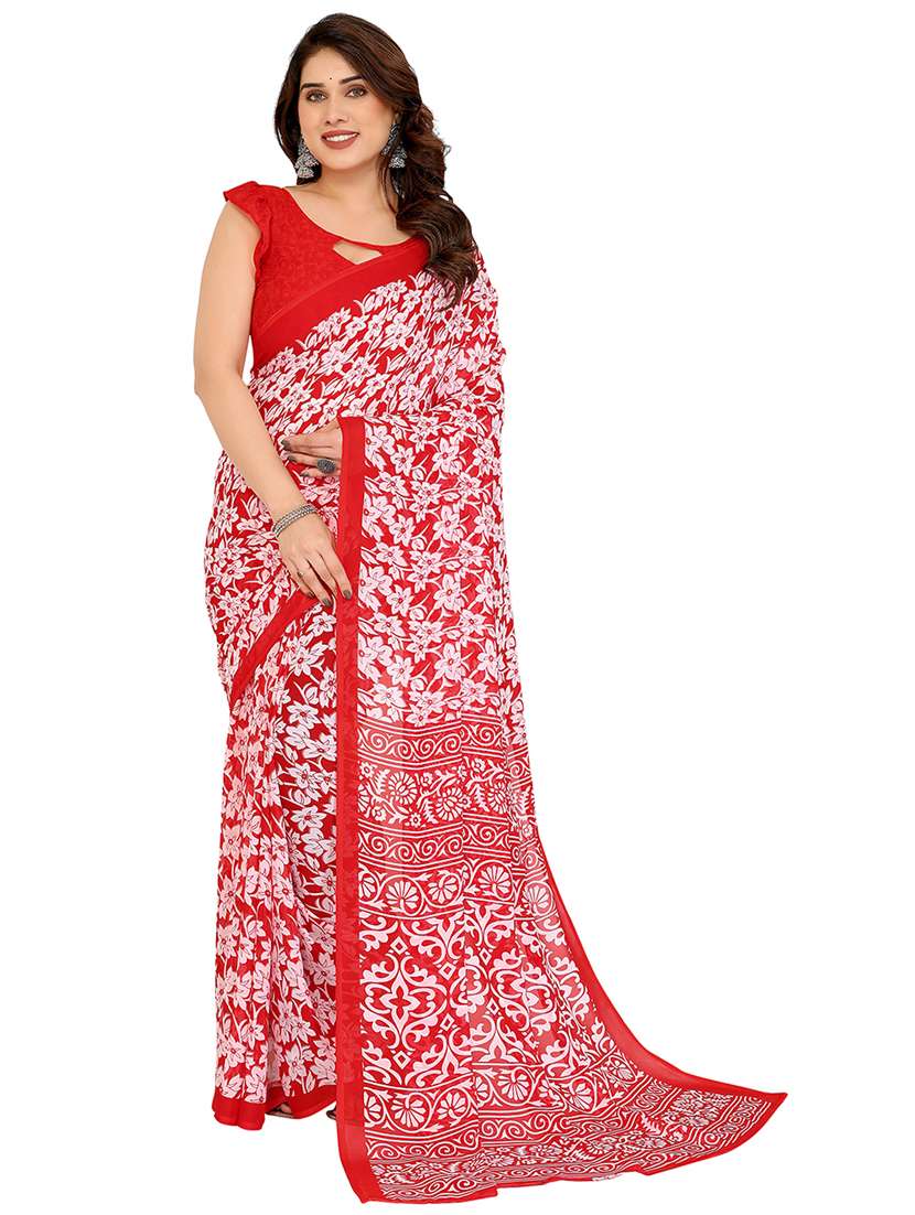 red georgette printed saree with blouse - 22048399 - Zoom Image - 0