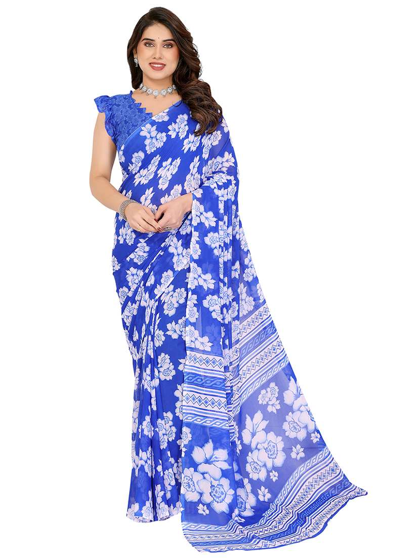 blue georgette printed saree with blouse - 22048451 - Zoom Image - 0