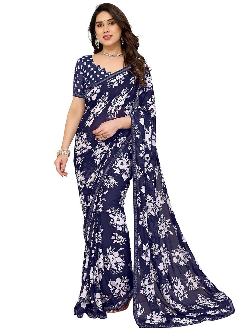 blue georgette bordered saree with blouse