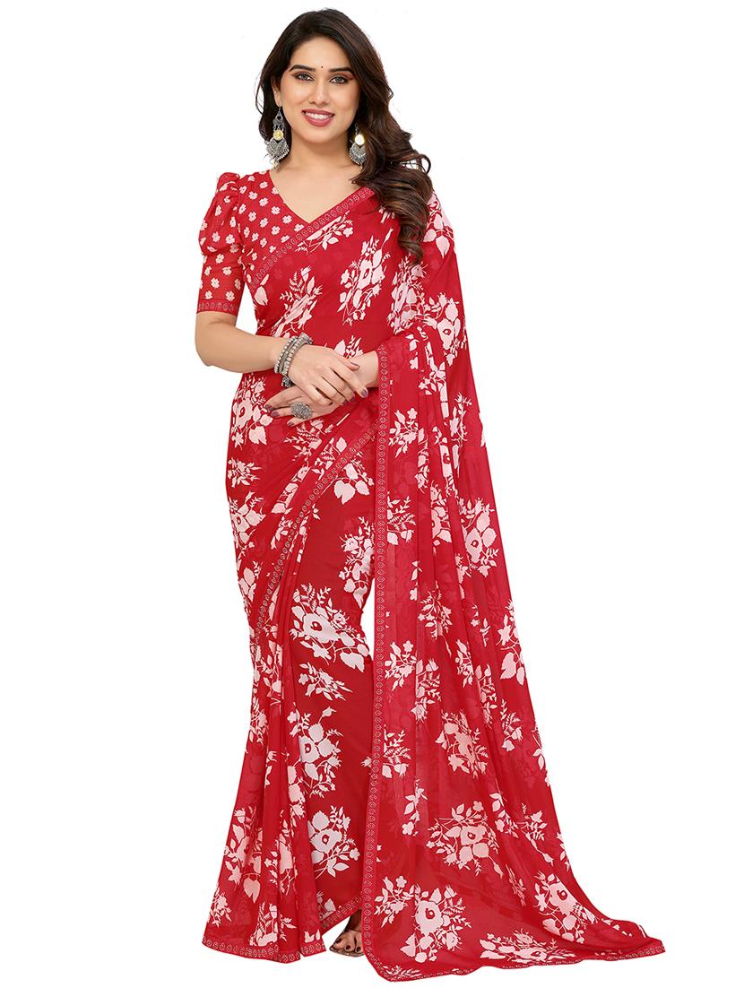 red georgette bordered saree with blouse - 22048535 - Zoom Image - 0