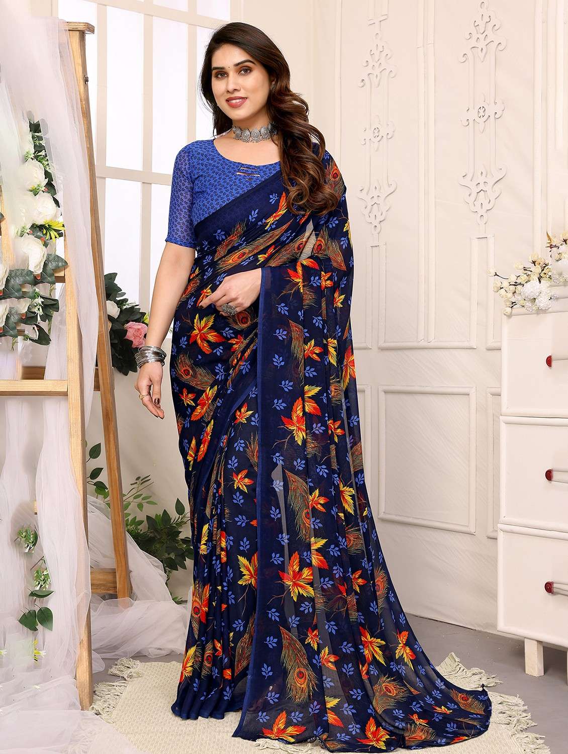 women printed casual wear saree with blouse