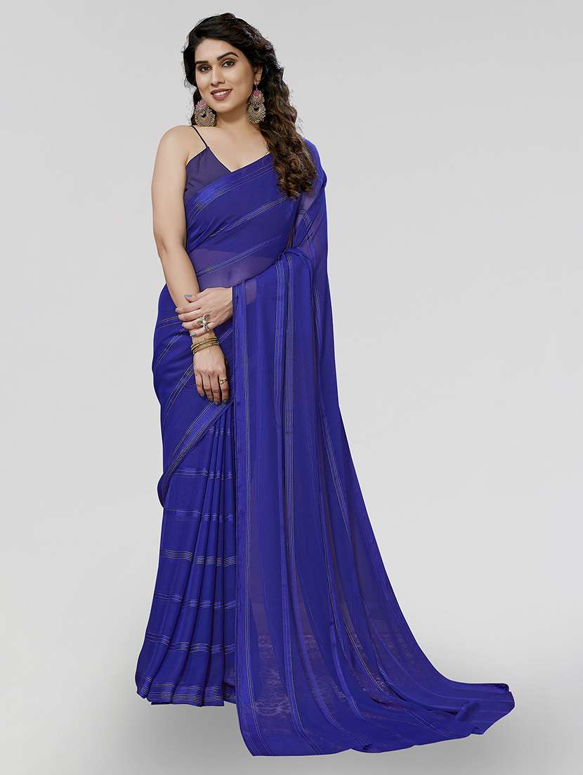 women striped plain saree with blouse - 22050179 -  Zoom Image - 0
