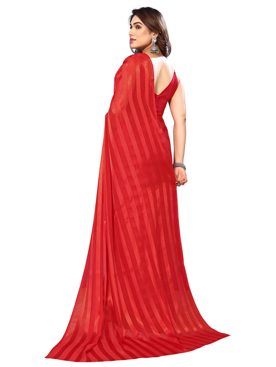 women striped plain saree with blouse - 22050225 -  Standard Image - 3