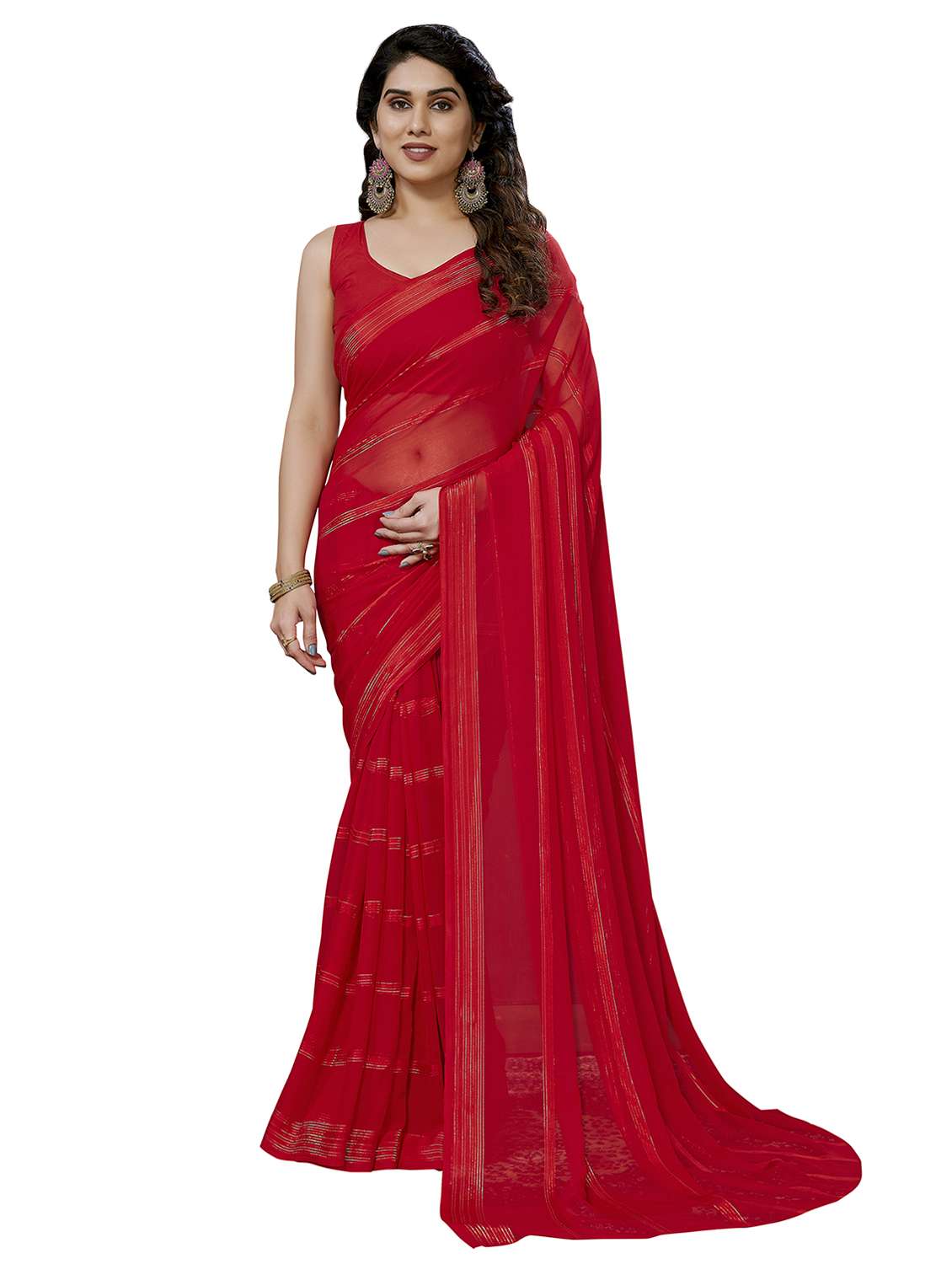 women striped plain saree with blouse - 22050251 -  Zoom Image - 0