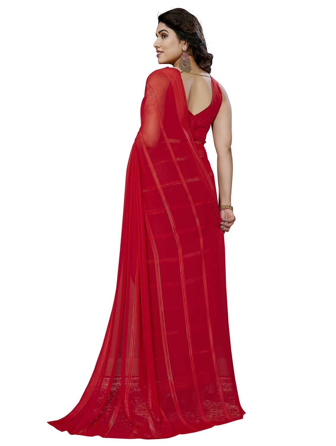 women striped plain saree with blouse - 22050251 -  Standard Image - 3